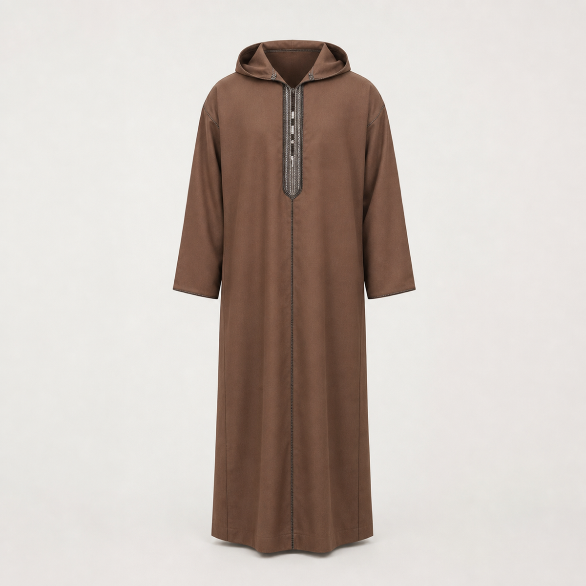 A warm tan Moroccan hooded djellaba, showing the full length and easy cut.