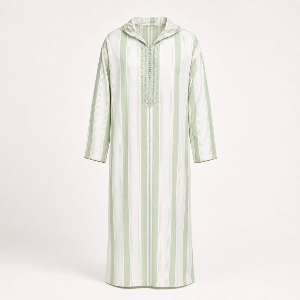 Chefchaouen Sage Striped Hooded Thobe — House Hamlouchi