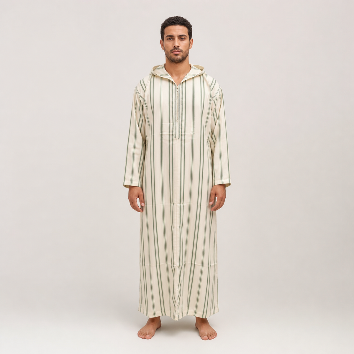 Tangier Ivory Striped Hooded Thobe on model — House Hamlouchi