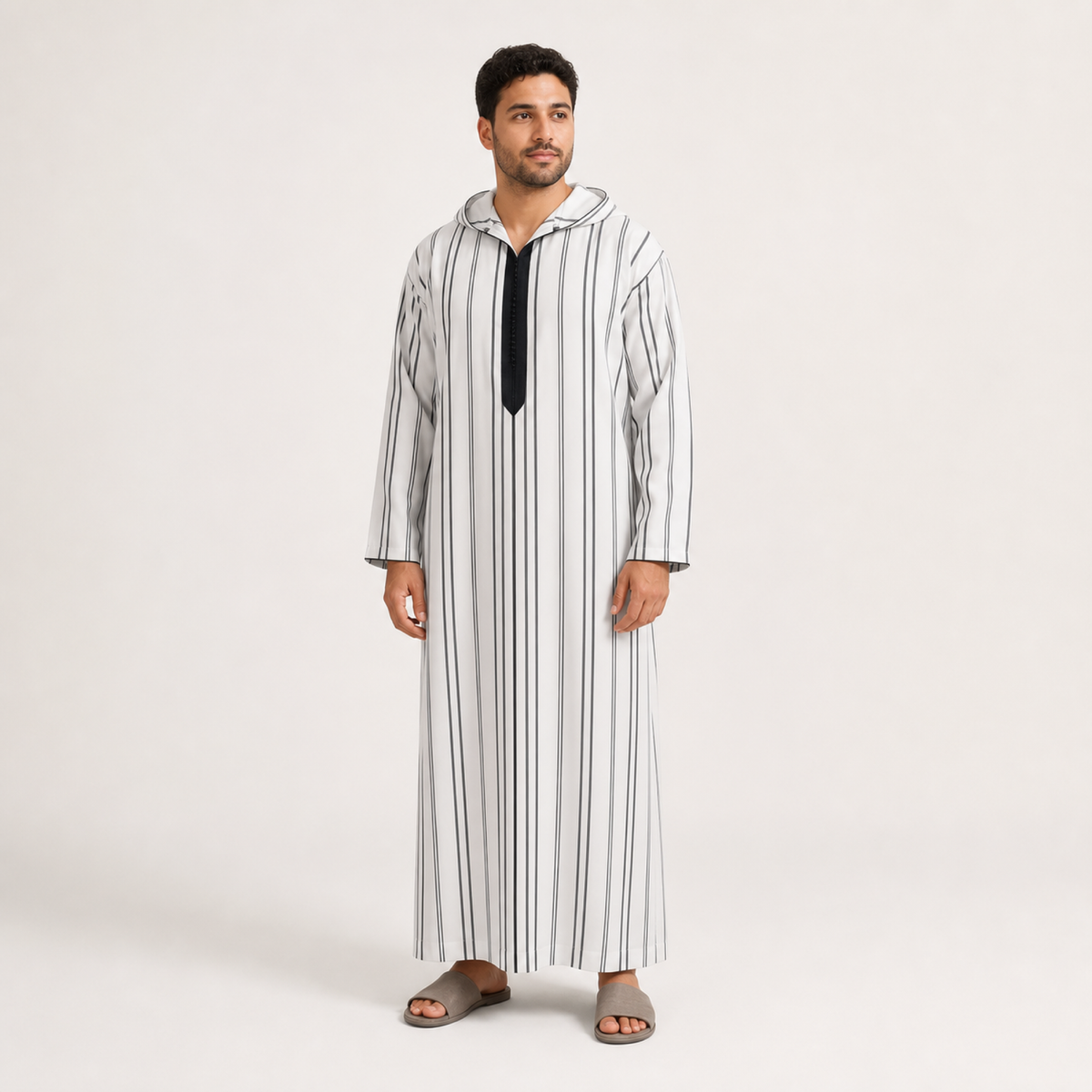 Casablanca Black Striped Hooded Thobe on model — House Hamlouchi