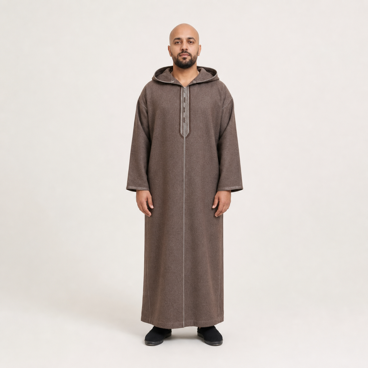 Sahara Cocoa Hooded Thobe on model — House Hamlouchi