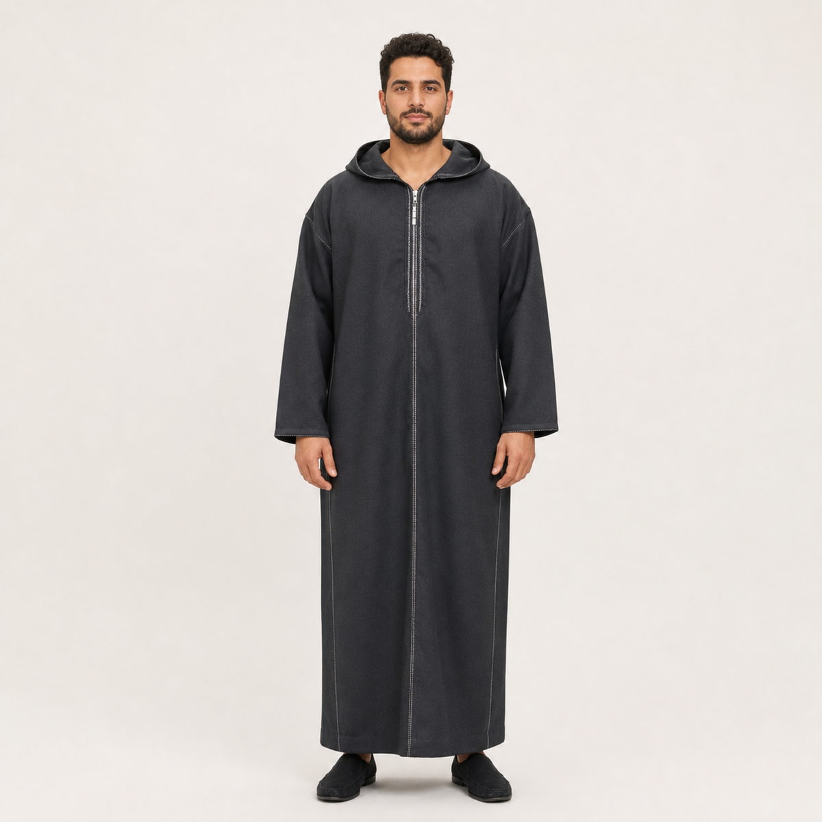 Marrakech Charcoal Hooded Thobe on model — House Hamlouchi