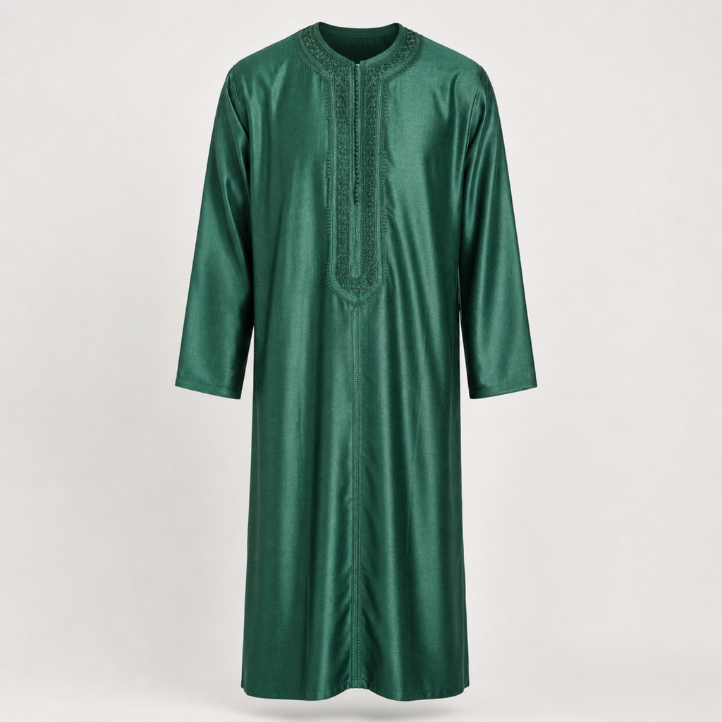 Emerald embroidered Moroccan thobe, front view, showing the tone on tone chest embroidery and collarless neckline. House Hamlouchi.