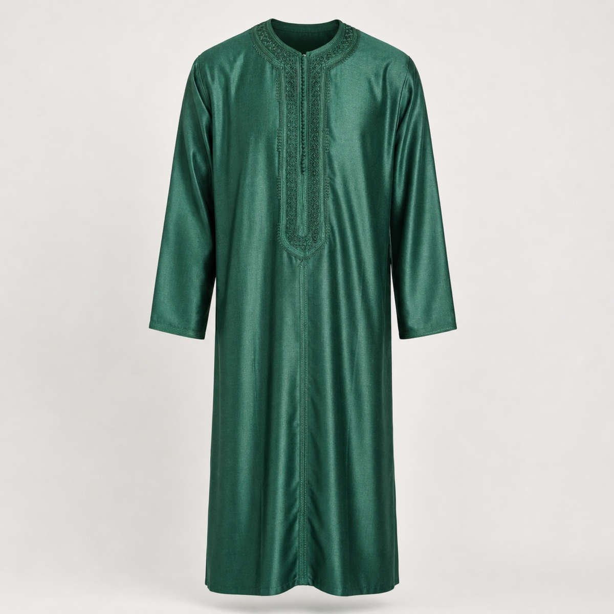Emerald embroidered Moroccan thobe, front view, showing the tone on tone chest embroidery and collarless neckline. House Hamlouchi.