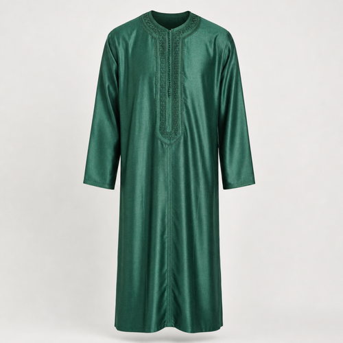 Emerald embroidered Moroccan thobe, front view, showing the tone on tone chest embroidery and collarless neckline. House Hamlouchi.