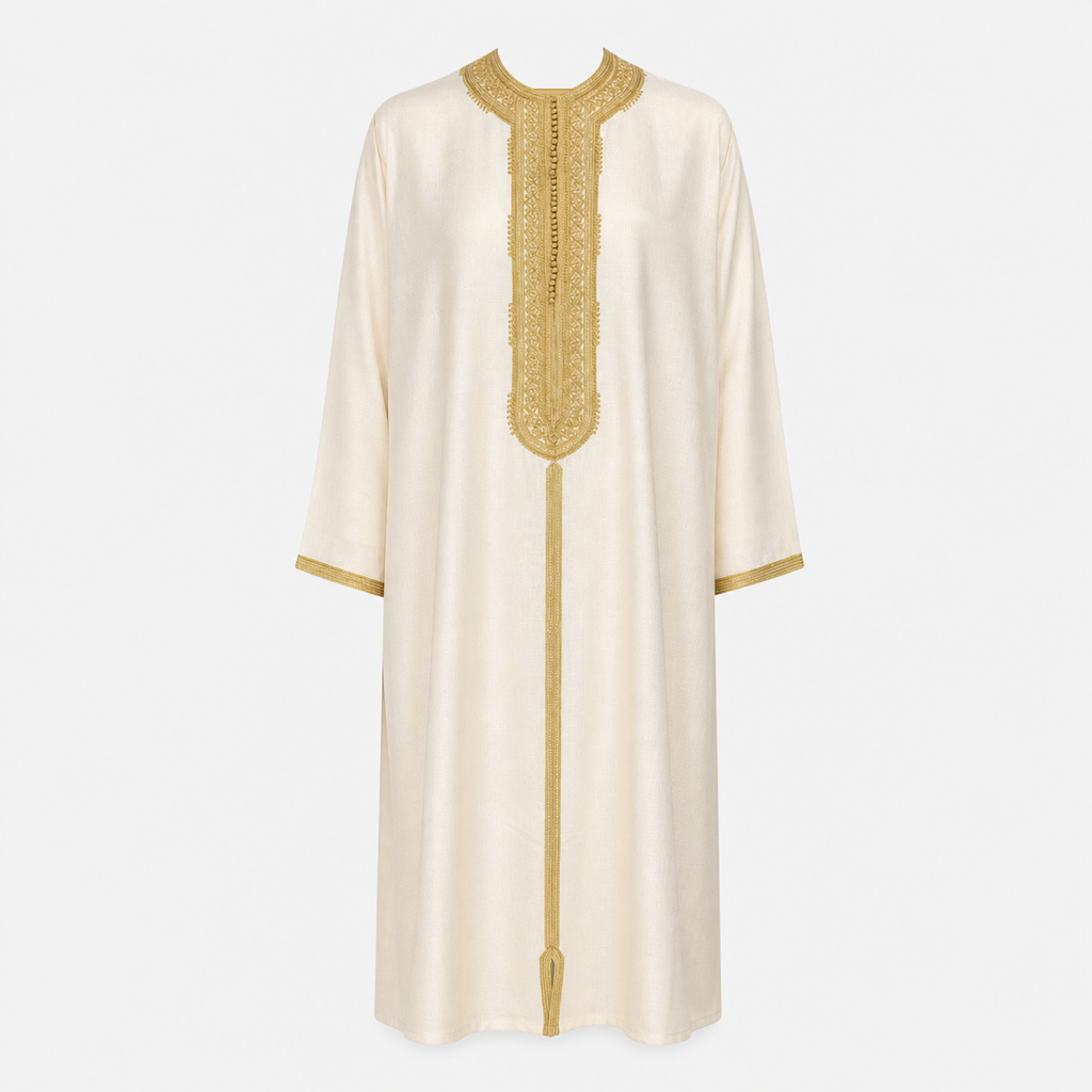 Ivory Moroccan thobe with gold placket embroidery and sfifa braid, front view. House Hamlouchi.