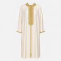 Ivory Moroccan thobe with gold placket embroidery and sfifa braid, front view. House Hamlouchi.