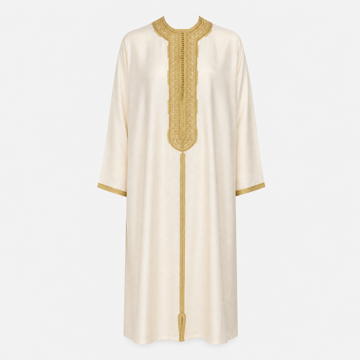 Ivory Moroccan thobe with gold placket embroidery and sfifa braid, front view. House Hamlouchi.