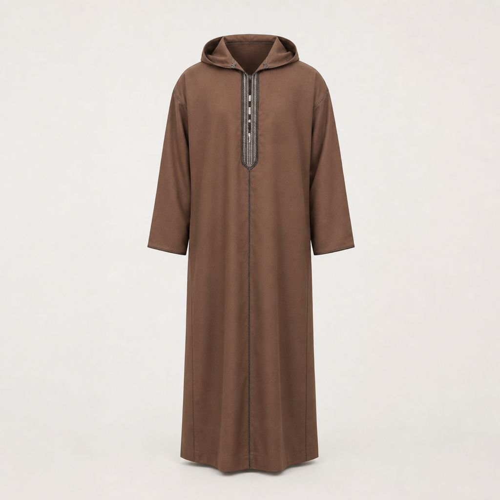Warm tan Moroccan hooded djellaba, front view, showing the full hood and front placket. House Hamlouchi.