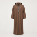 Warm tan Moroccan hooded djellaba, front view, showing the full hood and front placket. House Hamlouchi.